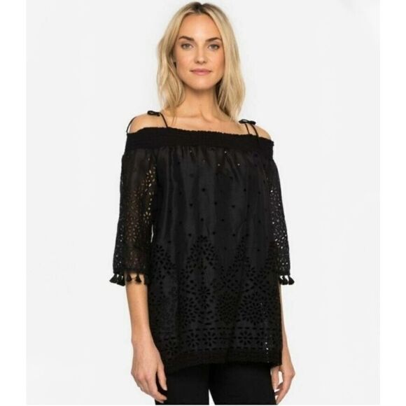 Johnny Was Women’s Hailey Smocked Off the Shoulder Neckline Ramie Blouse Eyelet - Picture 1 of 9